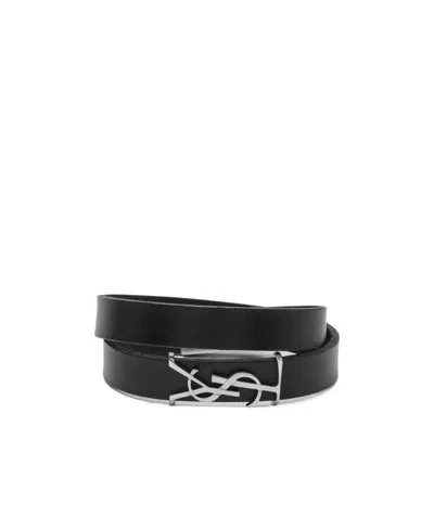 Saint Laurent Ysl-charm Leather Bracelet In Black