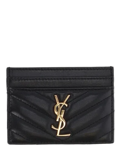 Saint Laurent Ysl Chevron-quilted Leather Cardholder In Black