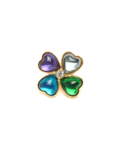Saint Laurent Ysl Clover Rhinestone Brooch In Green