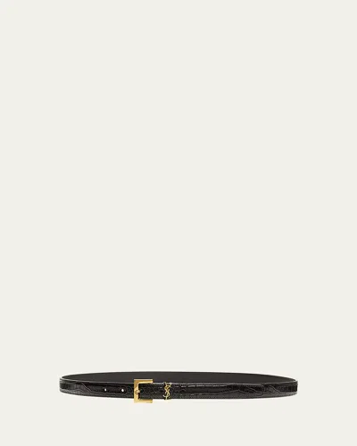 SAINT LAURENT YSL CROC-EMBOSSED SKINNY BELT