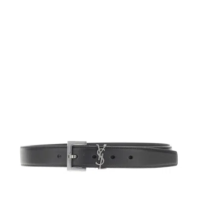 Saint Laurent Ysl Detail Leather Belt In Black