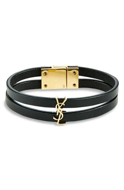Saint Laurent Cassandre Double-row Leather Bracelet In Black