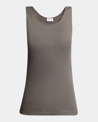 Saint Laurent Ysl Embroidered Tank Top In Gris Fonceanthracit