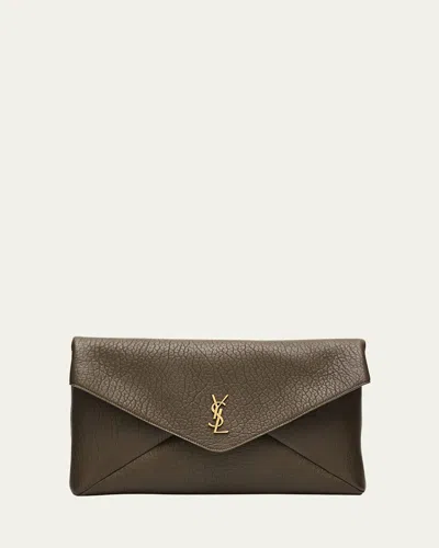 Saint Laurent Ysl Envelope Clutch Bag In Grained Leather In Brown