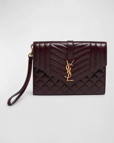 Saint Laurent Ysl Envelope Flap Pouch In Quilted Leather In Wine