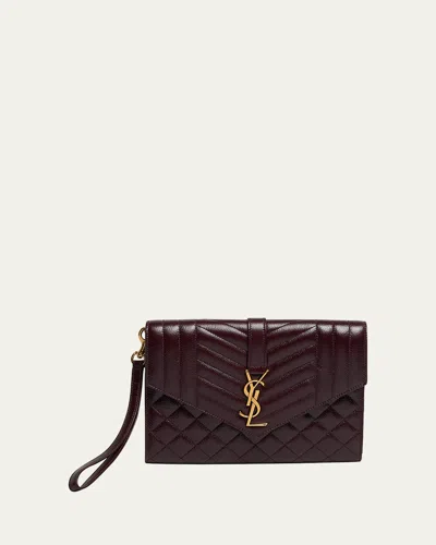 Saint Laurent Ysl Envelope Flap Pouch In Quilted Leather In Wine