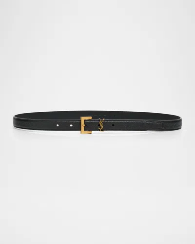 Saint Laurent Ysl Grain Leather Skinny Belt In Nero