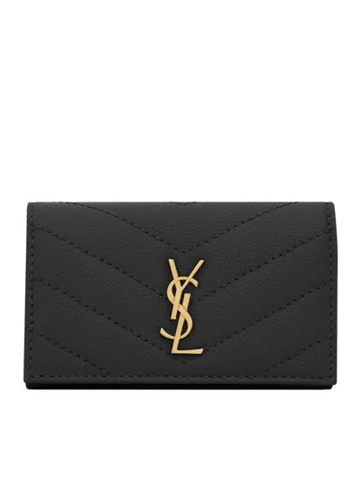 Saint Laurent Women's Cassandre Matelass Fragments Flap Card Case In Grain De Poudre Embossed Leather In Black