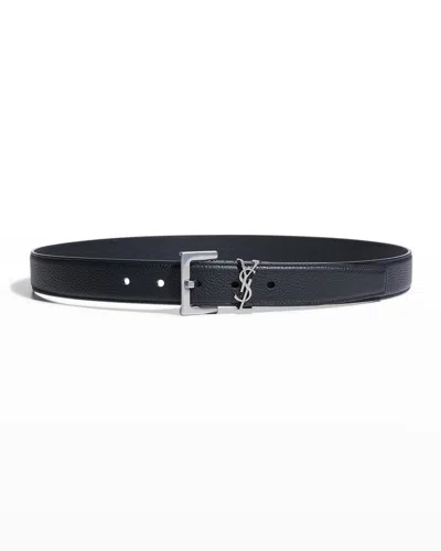 Saint Laurent Ysl Grained Leather Belt In Black