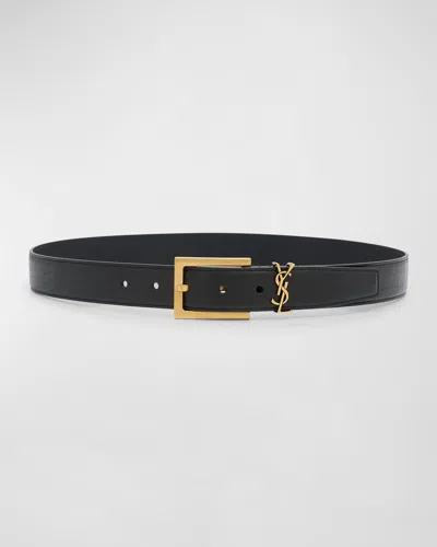 Saint Laurent Ysl Grainy Leather Belt In Black