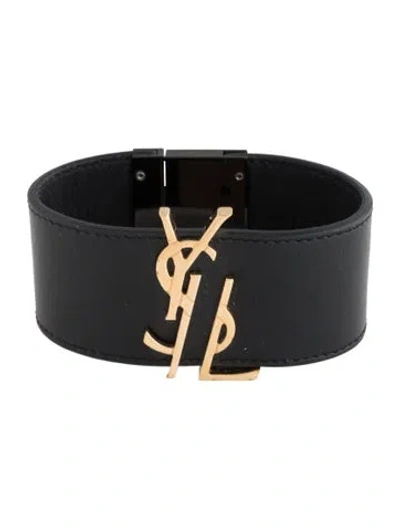 Pre-owned Saint Laurent Ysl Leather Cuff, 6.75" In Black
