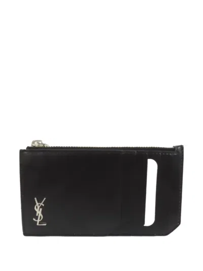 Pre-owned Saint Laurent Ysl Logo Leather Card Case In Black