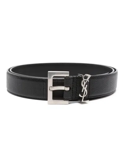 Saint Laurent Ysl Logo-plaque Leather Belt In Black