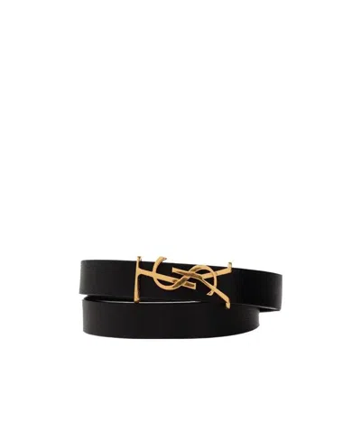 Saint Laurent Ysl Logo-plaque Leather Bracelet In Black