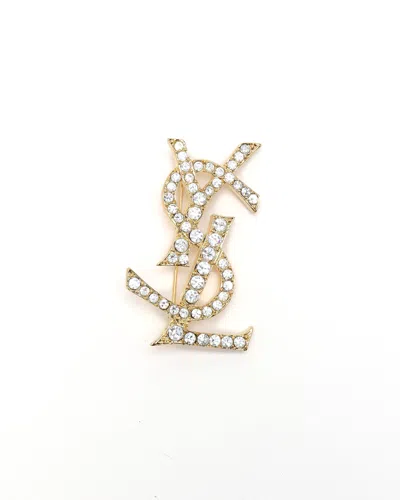 Saint Laurent Ysl Logo Rhinestone Brooch In Gold
