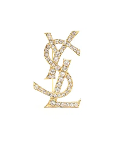 Saint Laurent Ysl Logo Rhinestone Brooch In Gold