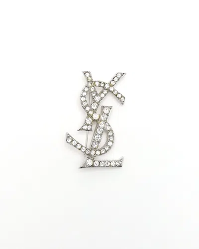 Saint Laurent Ysl Logo Rhinestone Brooch In Silver