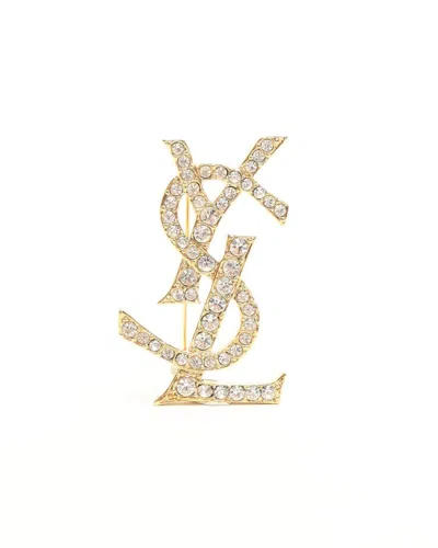 Saint Laurent Ysl Logo Rhinestone Brooch In Yellow
