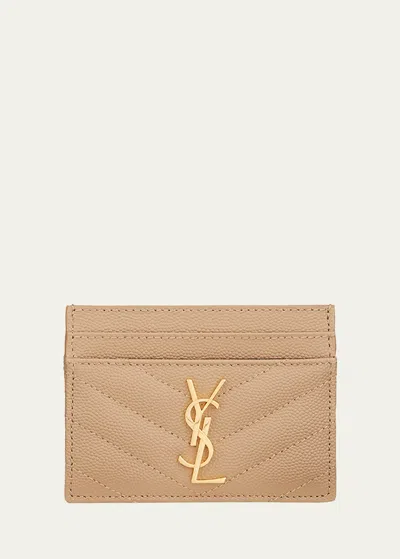 Saint Laurent Ysl Monogram Card Case In Grained Leather In Dark Beige