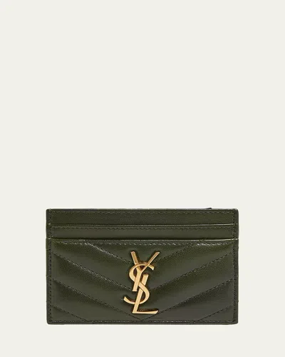 Saint Laurent Ysl Monogram Card Case In Quilted Smooth Leather In Brown