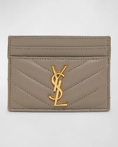 Saint Laurent Ysl Monogram Card Case In Quilted Smooth Leather In Greyish Brown