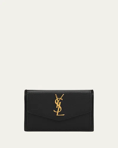 Saint Laurent Ysl Monogram Flap Card Case In Grained Leather In Black