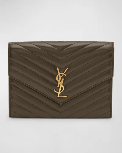 Saint Laurent Ysl Monogram Flap Clutch Bag In Smooth Leather In Brown