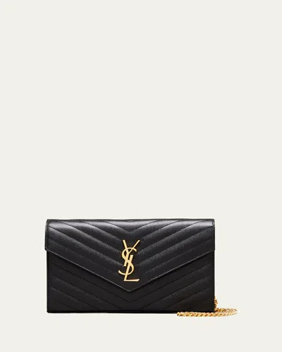 Saint Laurent Ysl Monogram Large Wallet On Chain In Grained Leather In Black