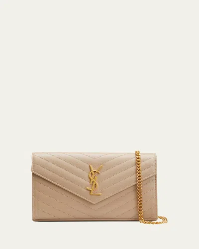 Saint Laurent Ysl Monogram Large Wallet On Chain In Grained Leather In Dark Beige