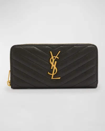 Saint Laurent Ysl Monogram Large Zip Wallet In Grained Leather In Black
