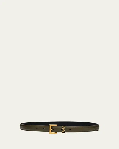 Saint Laurent Ysl Monogram Leather Belt In Artichocke Green/bronze