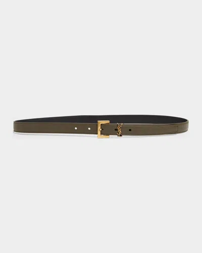 Saint Laurent Ysl Monogram Leather Belt In Green