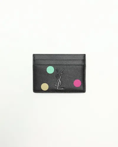 Saint Laurent Ysl Monogram Polka Dot Card Holder In Black