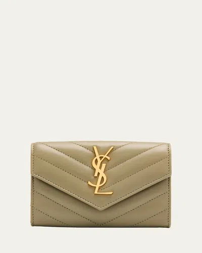 Saint Laurent Ysl Monogram Small Flap Wallet In Smooth Leather In Green
