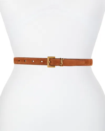 Saint Laurent Ysl Monogram Suede Belt In Brown