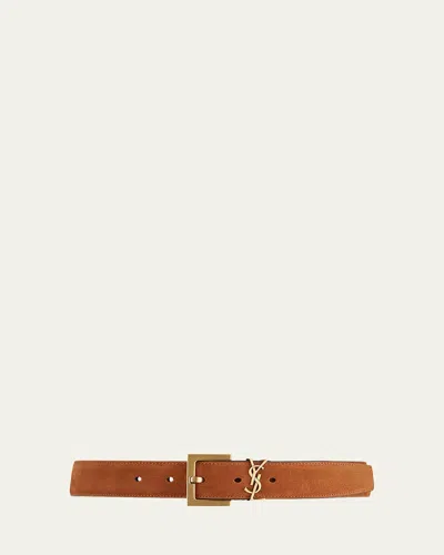 Saint Laurent Ysl Monogram Suede Belt In Brown