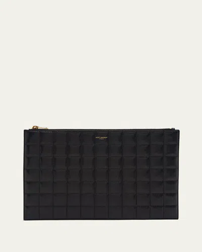 Saint Laurent Ysl Monogram Tablet Ziptop Pouch In Quilted Smooth Leather In Nero