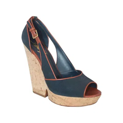 Pre-owned Saint Laurent Ysl Navy & Brown Deuville Canvas Wedge Sandals - 40.5 In Blue