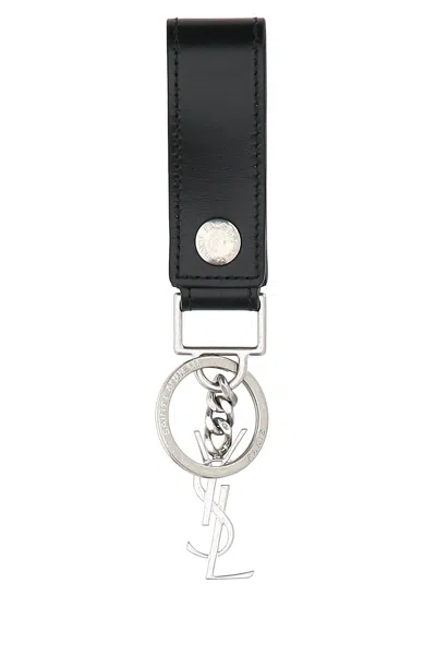 Saint Laurent Black Leather Monogram Key Ring In Pink