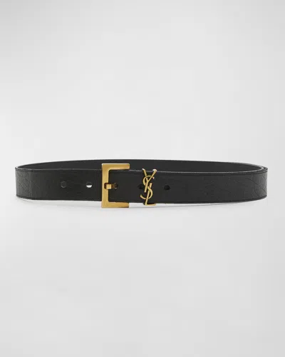 Saint Laurent Ysl Pebble-grain Leather Belt In Black