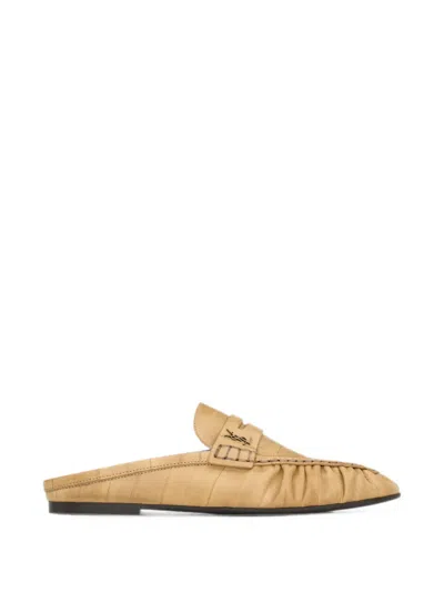 Saint Laurent Ysl Plaque Ruched Loafers In Neutral