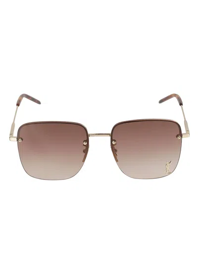 Saint Laurent Ysl Plaque Square Lens Sunglasses In Gold/brown