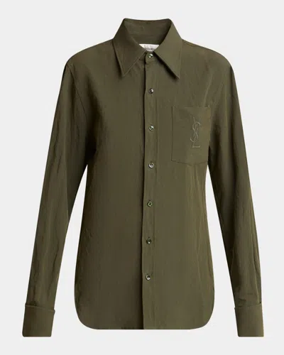Saint Laurent Ysl Pocket Button-down Shirt In Kaki