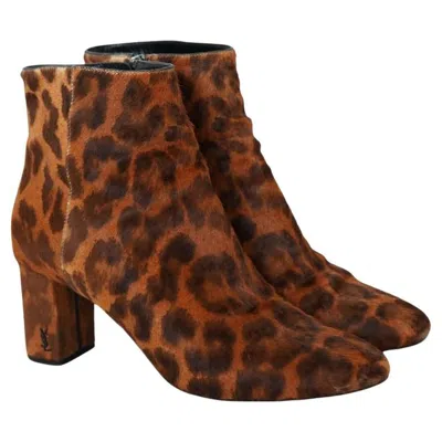 Pre-owned Saint Laurent Ysl Pony-style Calf Skin Leopard Boots Size 38.5 In Brown