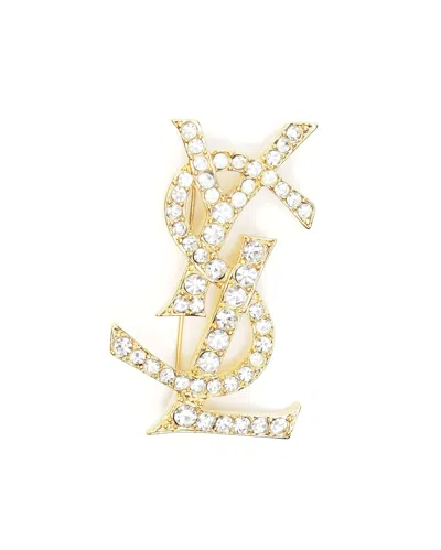 Saint Laurent Ysl Rhinestone Brooch In Gold