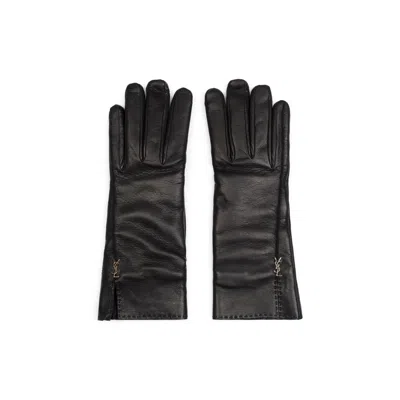 Saint Laurent Black Leather Cassandre Gloves