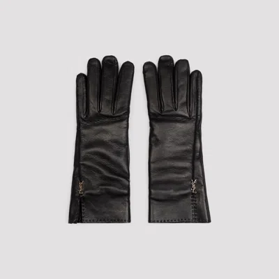 Saint Laurent Black Leather Cassandre Gloves