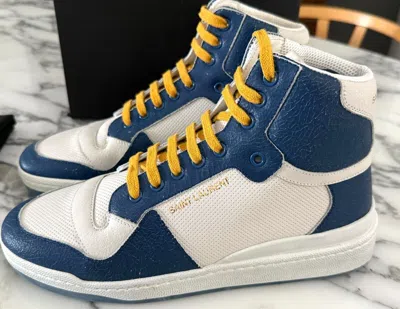 Pre-owned Saint Laurent Ysl  610618 Sl24 Leather Sneakers Mid Top White Blue Sz 41