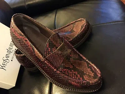 Pre-owned Saint Laurent Ysl  Luxury Python Cognac Loafers M/italy Sizes 40 & 42 Fit Usa 7-9 In Brown