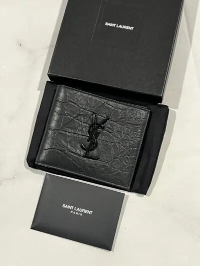 Pre-owned Saint Laurent Ysl  Nwb Black Croc Embossed Leather Bifold Wallet